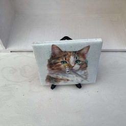 DECOUPAGED TILE MADE INTO A CLOCK WITH A IMAGE OF A CAT 1