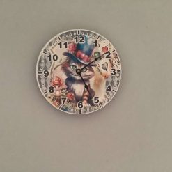 Decoupaged MDF clock using a Cheshire Cat image