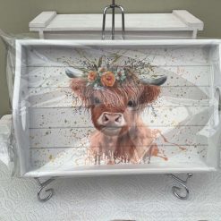 HANDCRAFTED DECOUPAGED SOFA TRAY WITH A HIGHLAND COW DESIGN