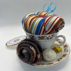 Vintage Teacup Pin Cushion and Sewing Set - Flowers and Stripes (3)