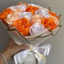 Large Peach, Orange & White Satin Rose Bouquet