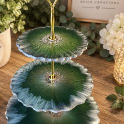 3 Tier Resin Cake Stand – Green & Silver Decorative Serving Stand