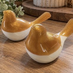 Set of 2 Handmade Resin Bird Ornaments – Gold & Cream Decorative Birds
