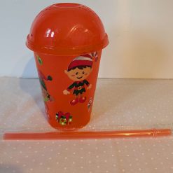 Red plastic beaker with lid and straw