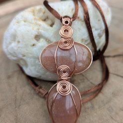 Wire wrapped pendant, double peach moonstone