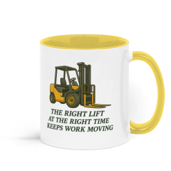 The Right Lift at the Right Time Keeps Work Moving Forklift Coffee Mug - Yellow and White 1