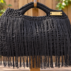 Crochet black clutch bag with fringe