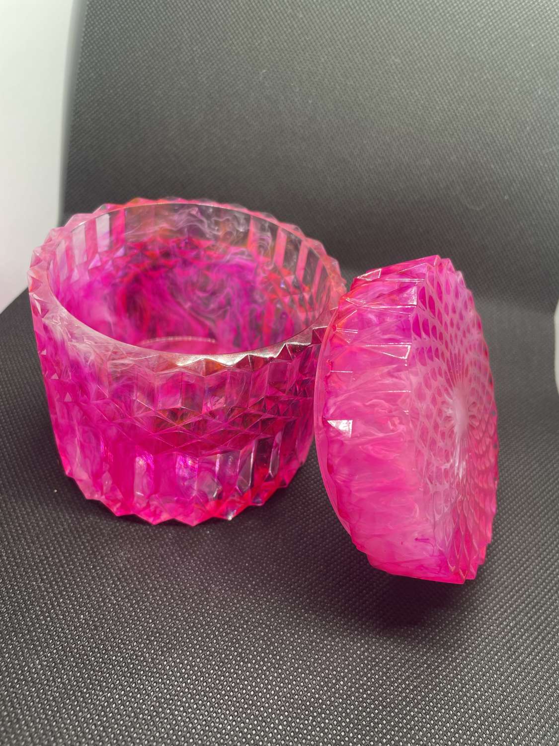 Resin pink and white dish with lid Resin pink and white dish with lid