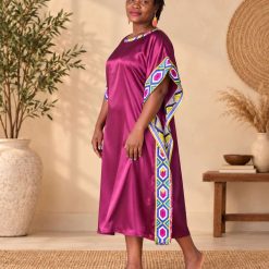 Plum Silk Kaftan with Ankara Trim – UK 14 – Handmade in County Durham