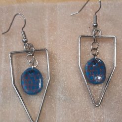 1-of-1 Handmade Abstract Geometric Clay Earrings – Silver Shield Frame Drops (Blue & Copper)