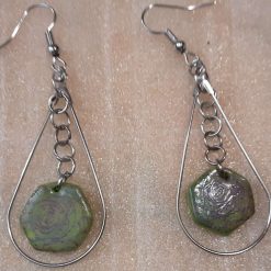 • 1-of-1 Handmade Floral Clay Earrings – Silver Teardrop Frame Drops (Green & Purple Rose)