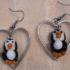 • 1-of-1 Handmade Polymer Clay Penguin Earrings – Silver Heart Hoop Drops