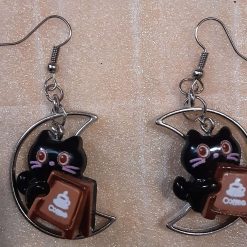 1-of-1 Kawaii Cafe Cat Earrings ☕ Coffee Chalkboard Silver Moon Drop