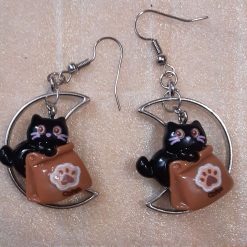 1-of-1 Handmade Barista Cat Earrings – Silver Crescent Moon Drops