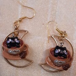 1-of-1 Handmade Cozy Cat Earrings – Gold Crescent Moon Drops (Mug Design