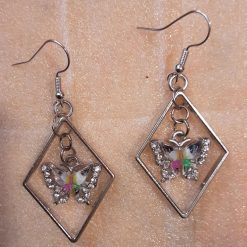 • 1-of-1 Handmade Glitter Butterfly Earrings – Silver Diamond Frame Drop Earrings