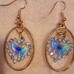 • 1-of-1 Handmade Pastel Butterfly Hoops – Gold Oval & Rhinestone Drop Earrings