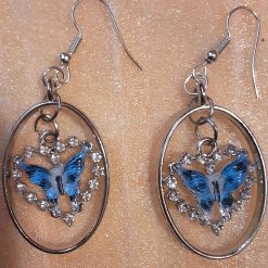 •  1-of-1 Handmade Blue Butterfly Hoops – Silver Oval & Rhinestone Drop Earrings