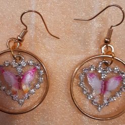 • 1-of-1 Handmade Butterfly Heart Hoops – Gold Circle & Rhinestone Drop Earrings