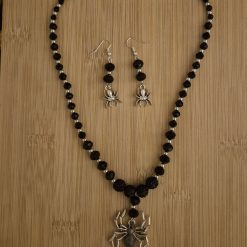 Handmade Black and Silver Spider Beaded Necklace and Earrings.