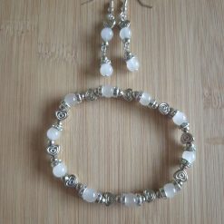 White Glass Bead Bracelet & Drop Earrings.