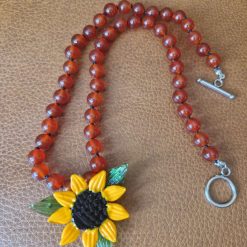 Handmade Natural Dyed Carnelian Beaded Necklace with Glass Lampwork Sunflower Pendant