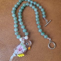 Handmade Green Aventurine beaded necklace with Lampwork Glass Parrot Pendant