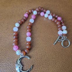 Handmade Natural Dyed Pink Malaysian Jade & Brown Rondelle beads with Stainless Steel Crescent Moon Pendant