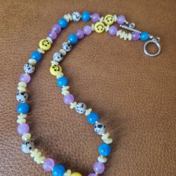 Handmade Natural Dyed Blue, Lilac & lemon Jade and Dalmation Jasper beaded necklace with Plastic Smiley Face beads