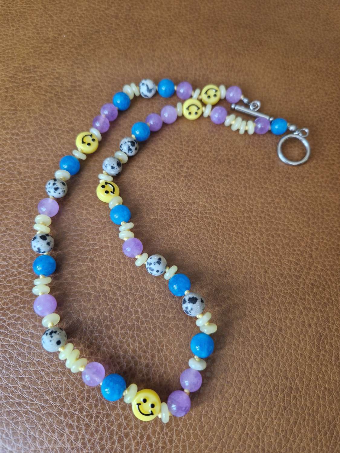 Handmade Natural Dyed Blue, Lilac & lemon Jade and Dalmation Jasper beaded necklace with Plastic Smiley Face beads Handmade Natural Dyed Blue, Lilac & lemon Jade and Dalmation Jasper beaded necklace with Plastic Smiley Face beads