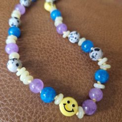 Handmade Natural Dyed Blue, Lilac & lemon Jade and Dalmation Jasper beaded necklace with Plastic Smiley Face beads 3 Handmade Natural Dyed Blue, Lilac & lemon Jade and Dalmation Jasper beaded necklace with Plastic Smiley Face beads 3