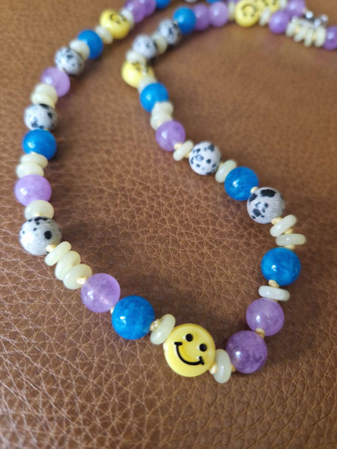 Handmade Natural Dyed Blue, Lilac & lemon Jade and Dalmation Jasper beaded necklace with Plastic Smiley Face beads Handmade Natural Dyed Blue, Lilac & lemon Jade and Dalmation Jasper beaded necklace with Plastic Smiley Face beads
