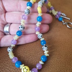 Handmade Natural Dyed Blue, Lilac & lemon Jade and Dalmation Jasper beaded necklace with Plastic Smiley Face beads 1 Handmade Natural Dyed Blue, Lilac & lemon Jade and Dalmation Jasper beaded necklace with Plastic Smiley Face beads 1