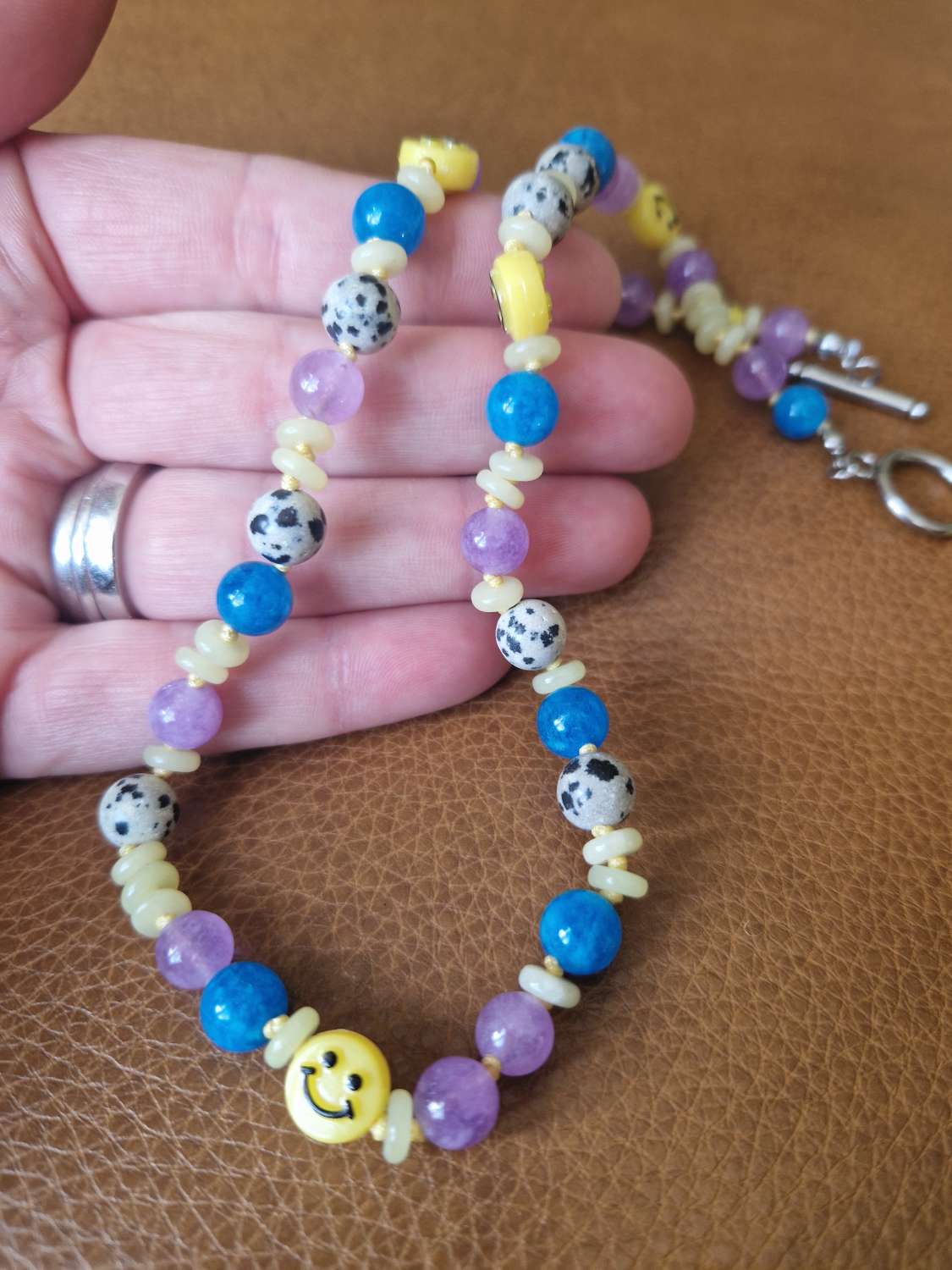 Handmade Natural Dyed Blue, Lilac & lemon Jade and Dalmation Jasper beaded necklace with Plastic Smiley Face beads Handmade Natural Dyed Blue, Lilac & lemon Jade and Dalmation Jasper beaded necklace with Plastic Smiley Face beads