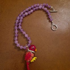 Handmade Natural Dyed Lilac Malaysian Jade beaded necklace with Lampwork Glass Parrot Pendant