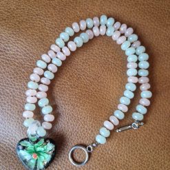 Handmade Natural Dyed Beige & Green Jade Rondelle Peach Beaded Necklace with Black and Green Floral Glass Heart Pendant