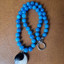 Handmade Natural Dyed Blue Malaysian Jade Beaded necklace with Obsidian & Howlite Yin Yang Pendant