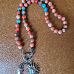 Handmade Synthetic Ocean White Jade Dyed Saddle Brown beaded necklace with Stainless Steel Sun & Moon Pendants