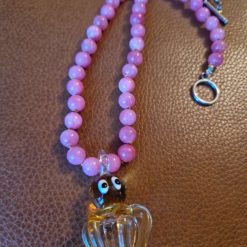 Handmade Natural Dyed Pink Mashan Jade beaded necklace with Glass Lampwork Octopus Pendant