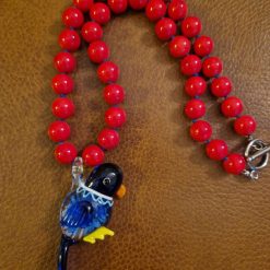 Handmade Natural Dyed Red Malaysian Jade beaded necklace with Lampwork Glass Parrot Pendant