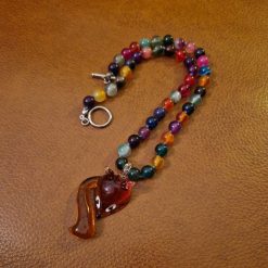 Handmade Natural Dyed Agate/Banded Agate Beaded Necklace with Lampwork Glass Fox Pendant