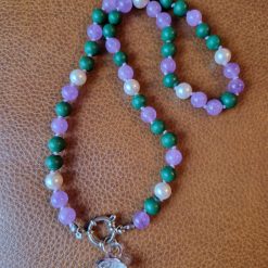 Handmade Natural Dyed Green & Lilac Malaysian Jade & faux Pearl Beaded with Glass Lampwork Dolphin