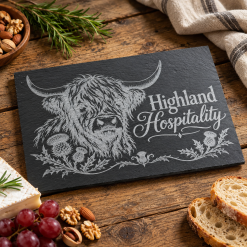 Highland Cow “Highland Hospitality” Engraved Slate Serving Platter – 30cm x 20cm