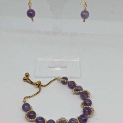 Amethyst Adjustable Bracelet & Earrings Set (Gold)