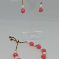Pink & White Coral Adjustable Bracelet & Earrings Set (Gold)