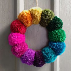 Wool Pompom Wreath, Rainbow Colours, Plush Door Hanging, Maximalism Interiors, Eclectic Bohemian Decor. 23cm.
