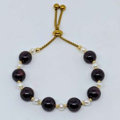 Stainless Steel (Gold Colour) Adjustable Bracelet with Garnet & Rice Pearls