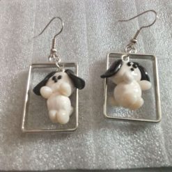 1-of-1 Handmade Cute Puppy Earrings – Silver Rectangle Frame Drops (Pochacco Inspired)