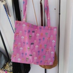 handmade tote made using pink jellyfish fabric