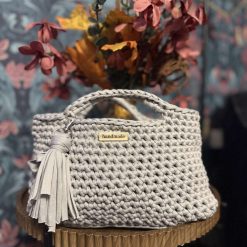 Crochet grey tote bag with keychain